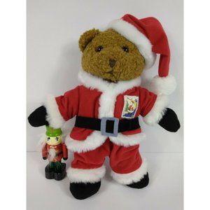 Santa Bear 10.5" Plushie w/ USA 2005 Christmas Postal Stamp & Wood Nutcracker